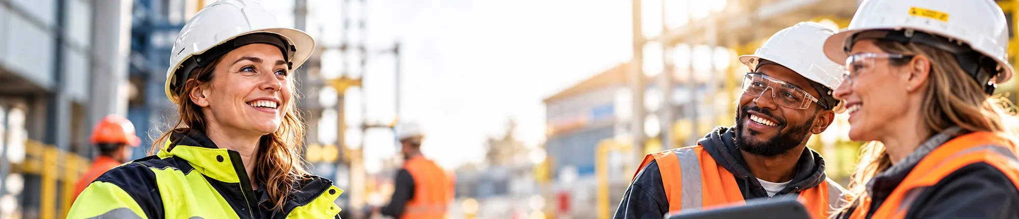 Trois collègues en casque et gilet rient ensemble sur un site