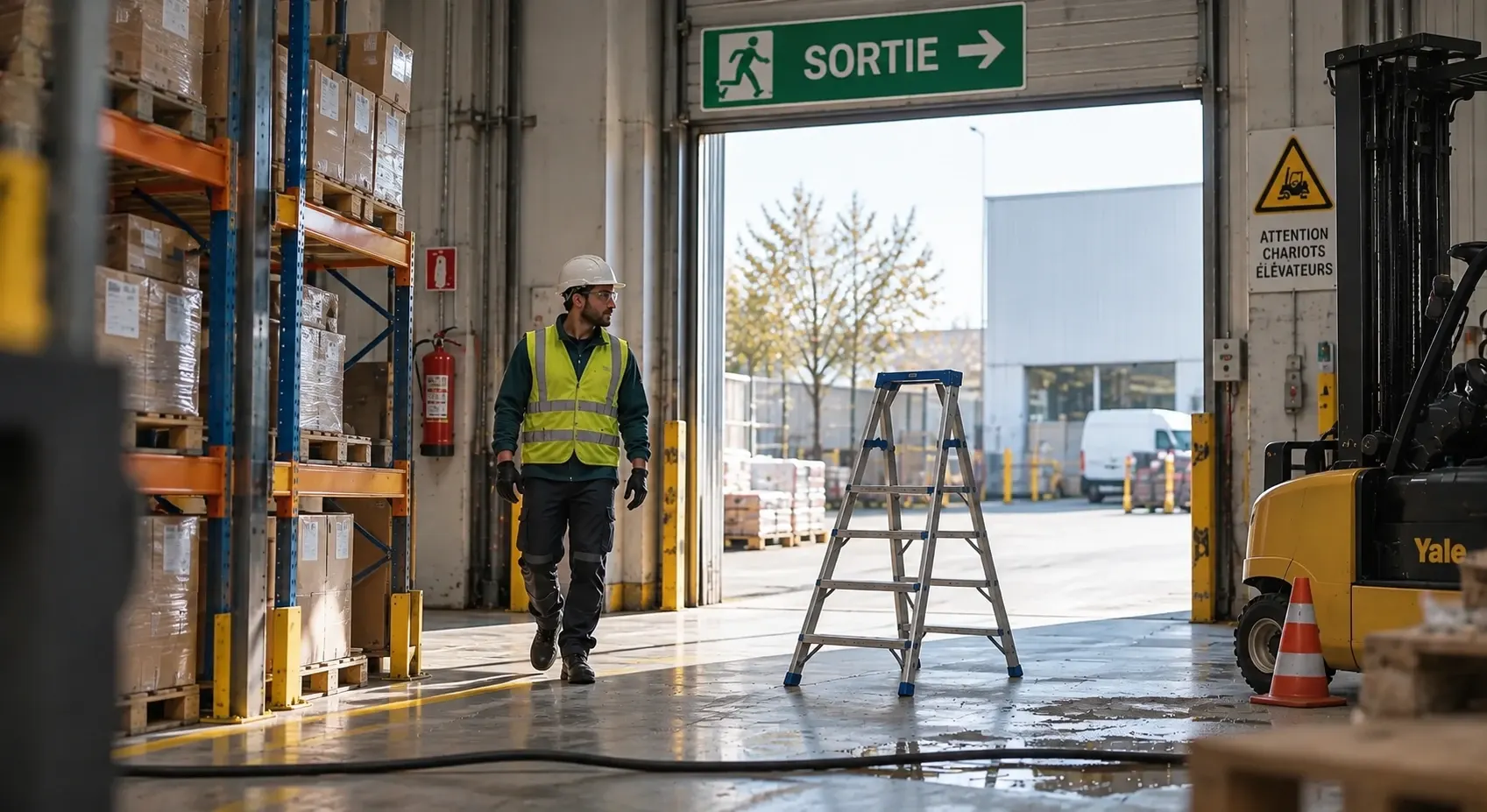 Un entrepôt devant un quai ouvert : rayonnages, un opérateur équipé, un escabeau, un chariot élévateur, un câble et une flaque au sol