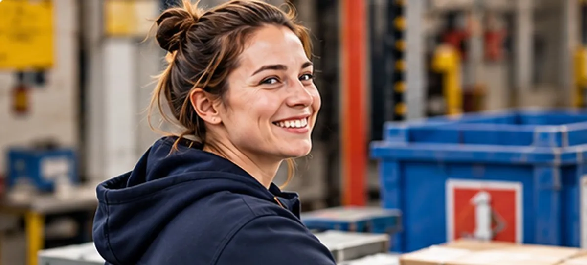 Une jeune femme souriante dans un atelier